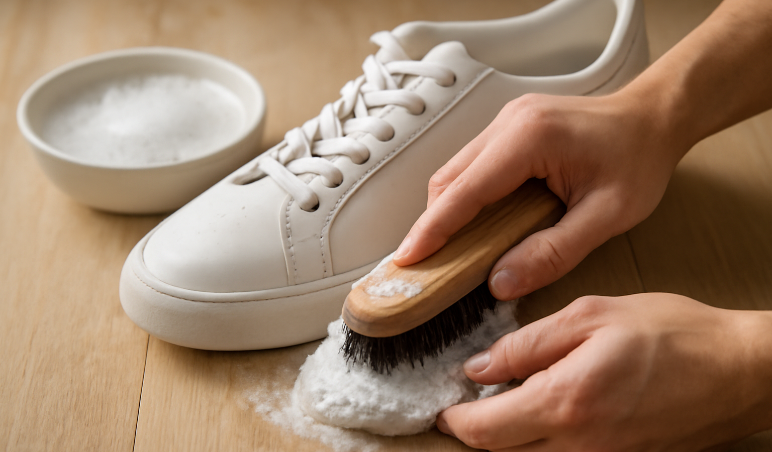 mains brossant une paire de baskets blanches