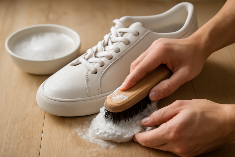 mains brossant une paire de baskets blanches