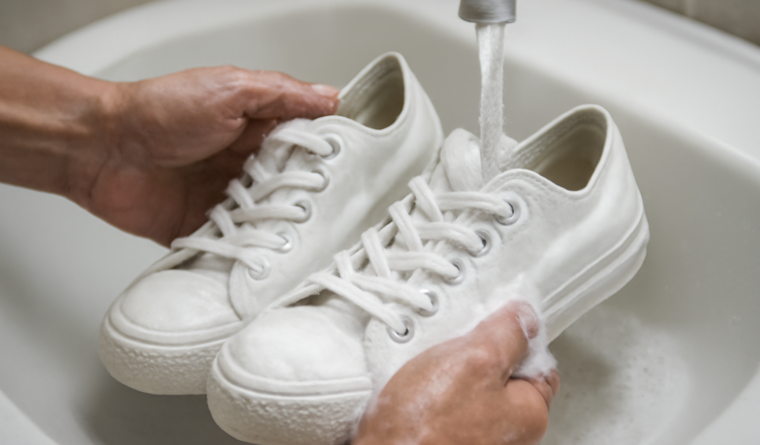 mains lavant une paire de sneakers blanches