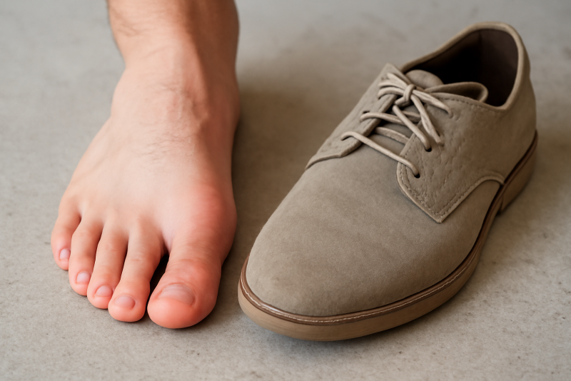 pied avec orteil legerement rouge a cote d'une chaussure