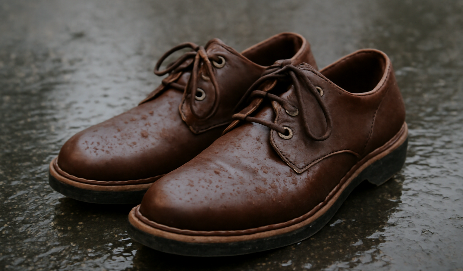 paire de chaussures en cuir sur sol humide