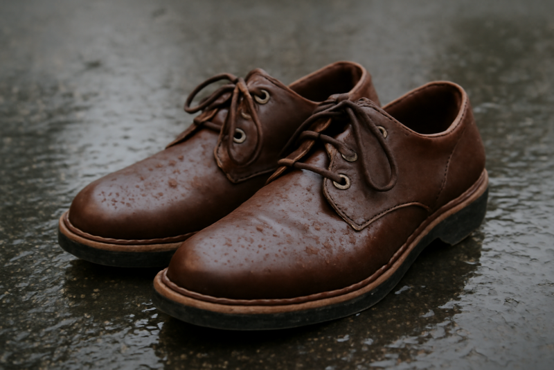 paire de chaussures en cuir sur sol humide