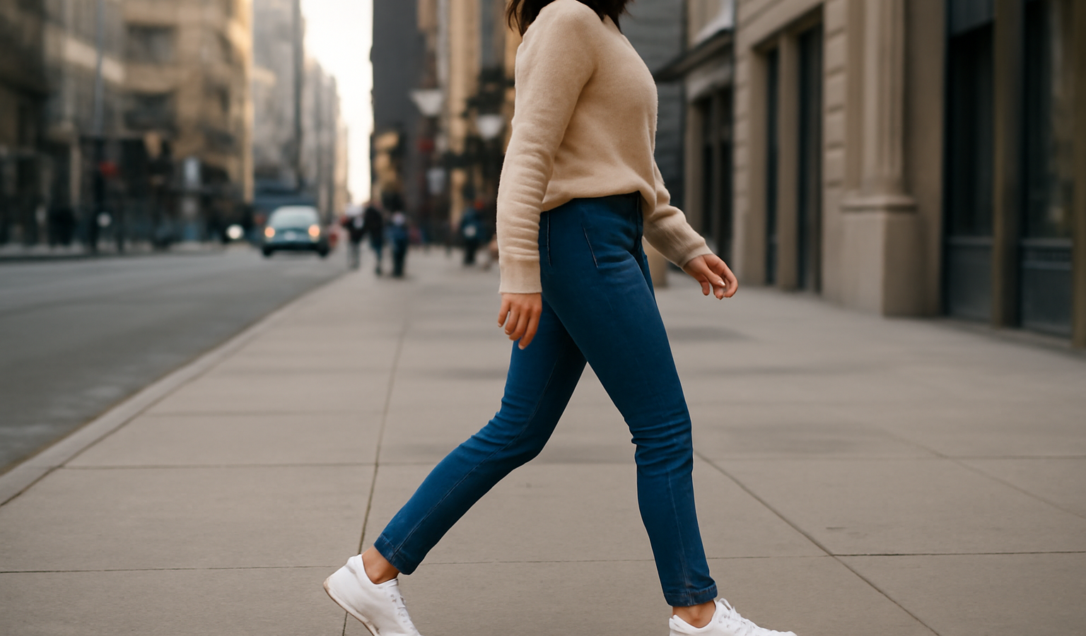 femme marchant en baskets blanches en ville