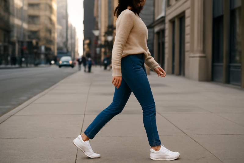 femme marchant en baskets blanches en ville