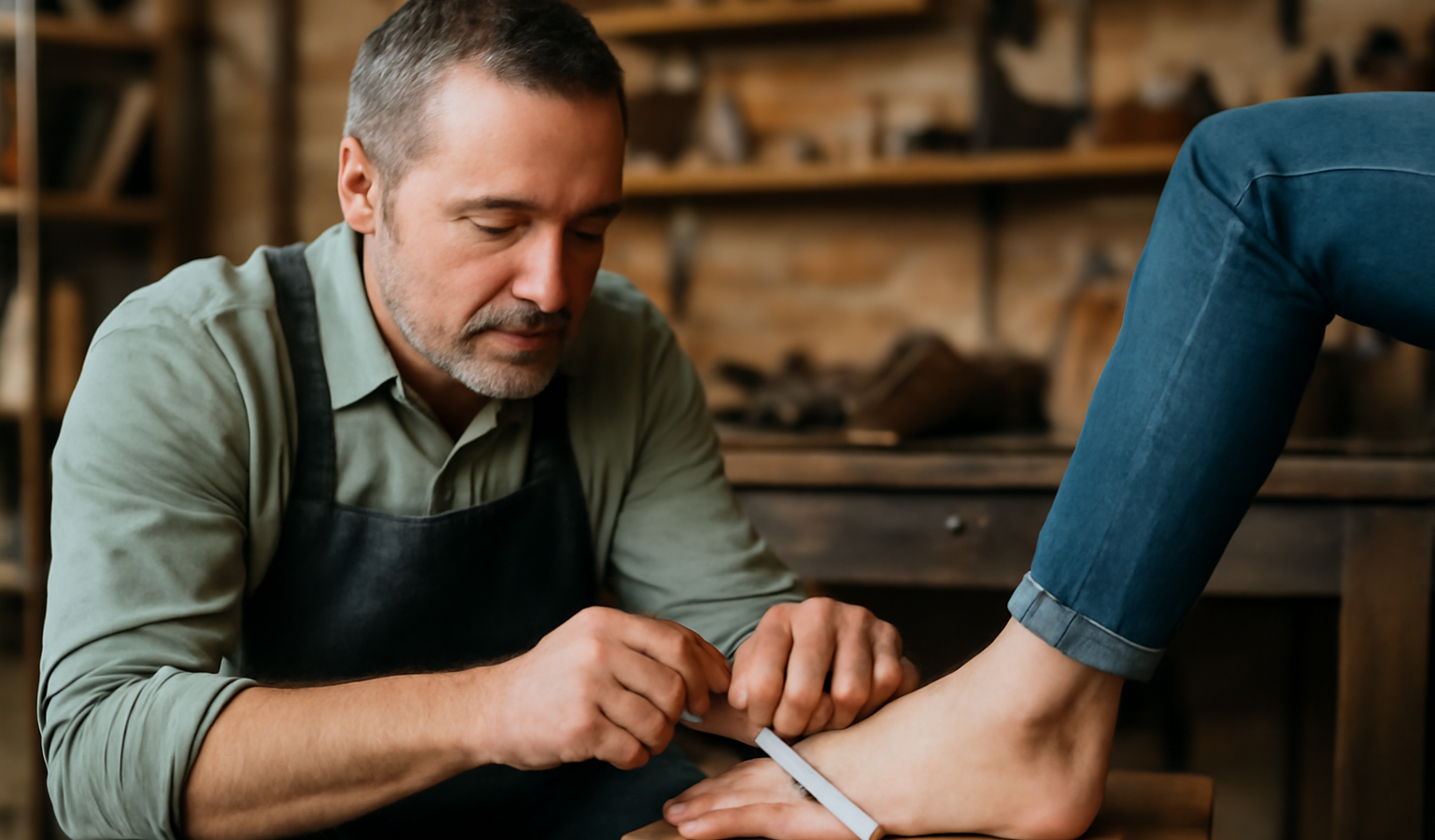 artisan mesurant pied client dans atelier de bottier