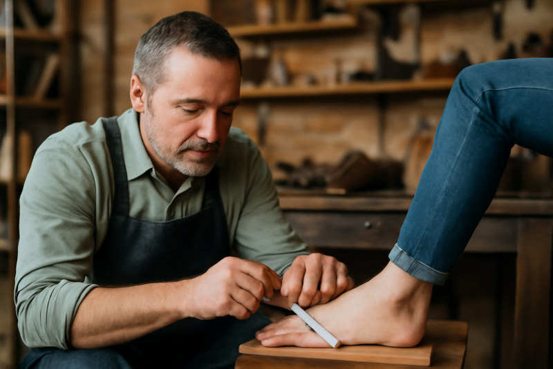 artisan mesurant pied client dans atelier de bottier