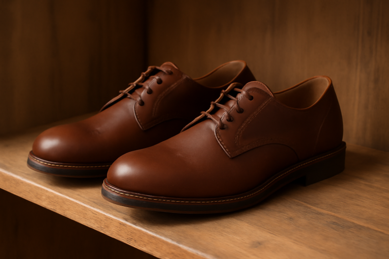 paire de chaussures posée sur étagère en bois