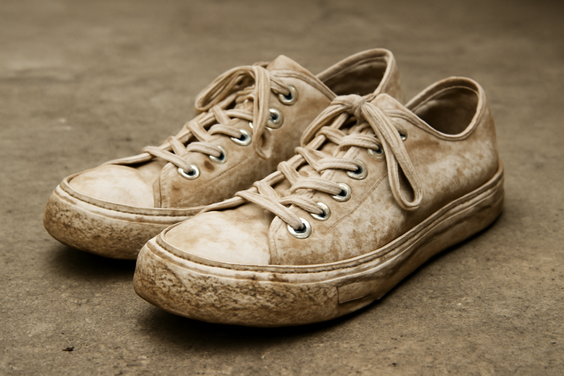 paire de sneakers semelles blanches sales