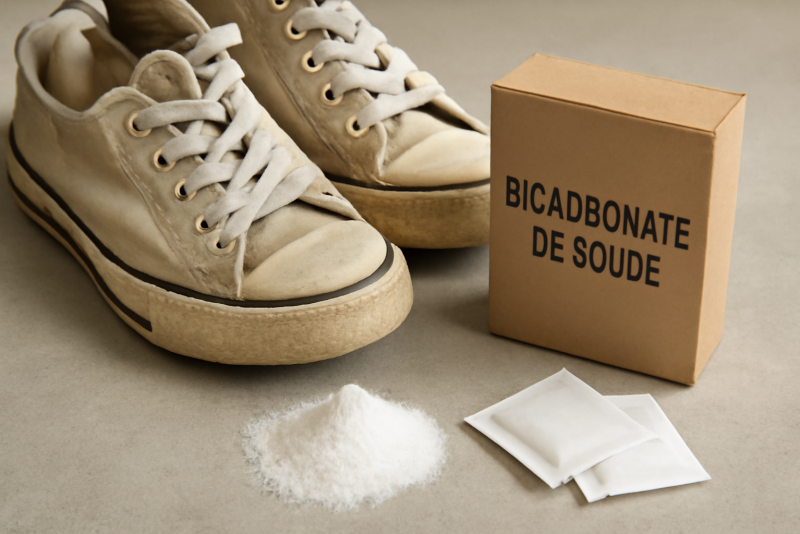 bicarbonate et sachets posés près de chaussures