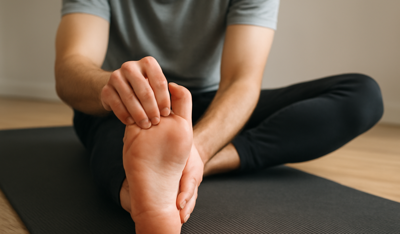 personne effectuant étirement du pied sur tapis