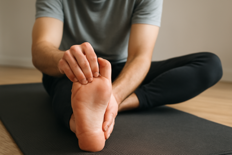 personne effectuant étirement du pied sur tapis