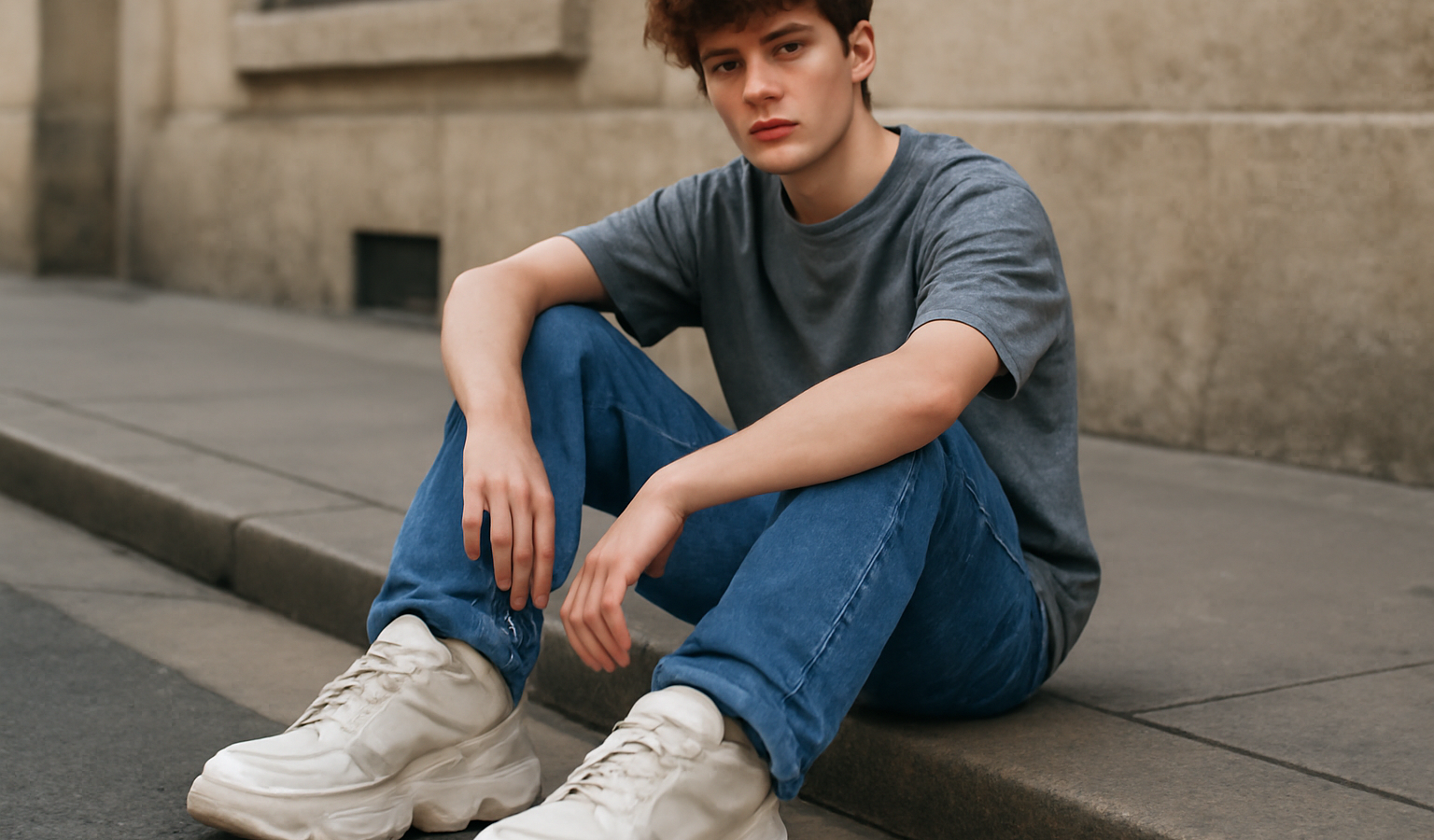 jeune posant en sneakers oversize sur trottoir