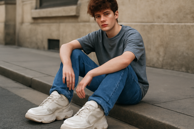 jeune posant en sneakers oversize sur trottoir