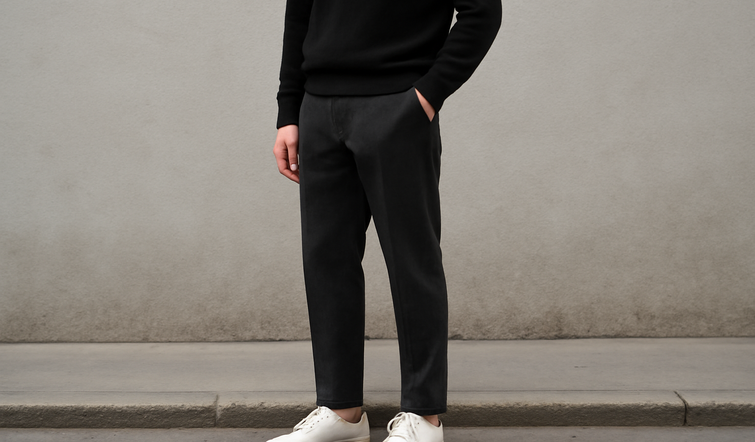 personne habillee sobre portant sneakers minimalistes
