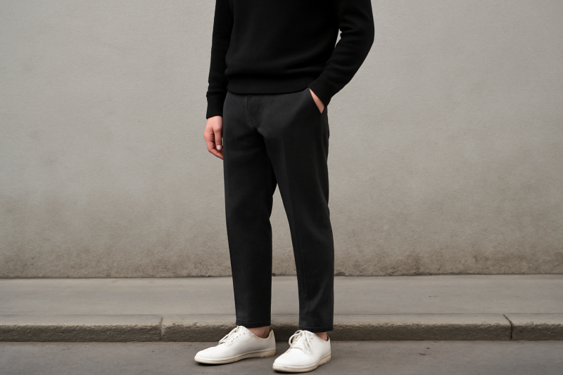 personne habillee sobre portant sneakers minimalistes