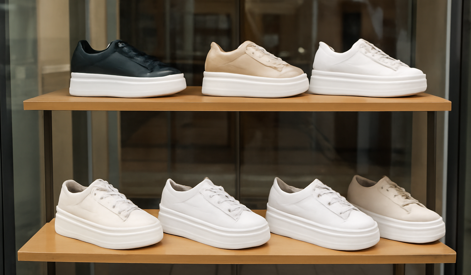 vitrine montrant baskets a plateforme