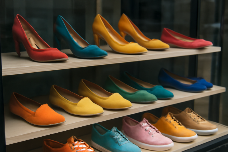 vitrine avec paires de chaussures colorées