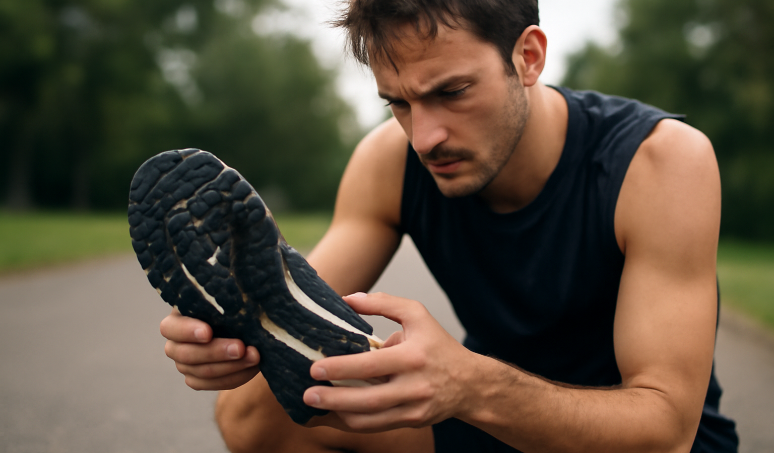 coureur inspectant semelle de sa chaussure