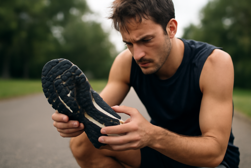 coureur inspectant semelle de sa chaussure