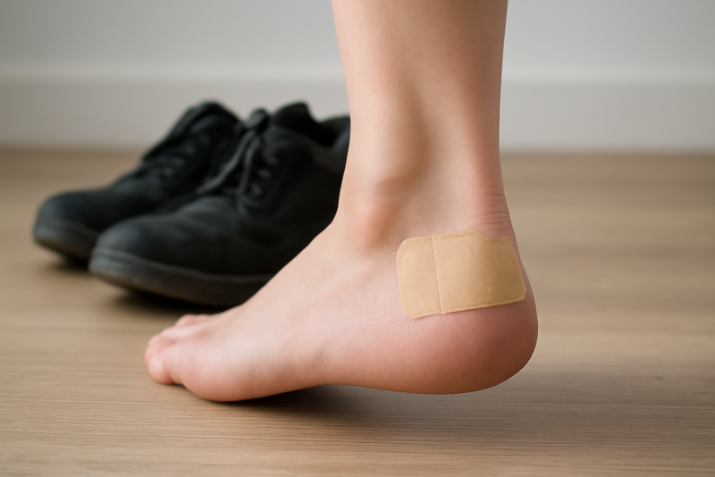 pied avec pansement sur talon et chaussures au sol