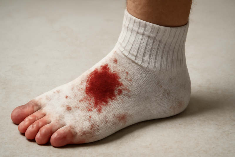chaussette tachee d ampoule et pied rouge