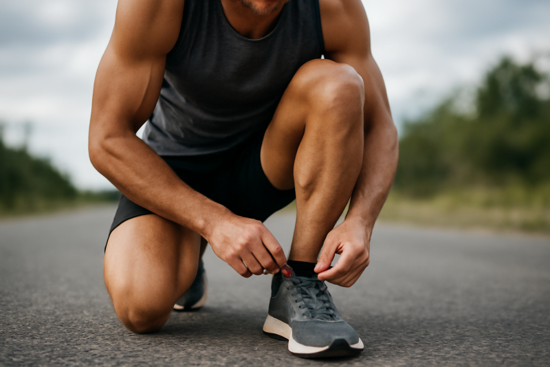 coureur ajustant ses baskets avant depart
