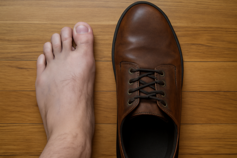 pied posé à côté d'une chaussure large
