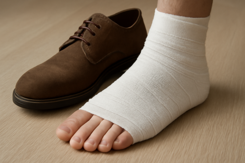 pied enveloppé dans chaussette médicale près d'une chaussure