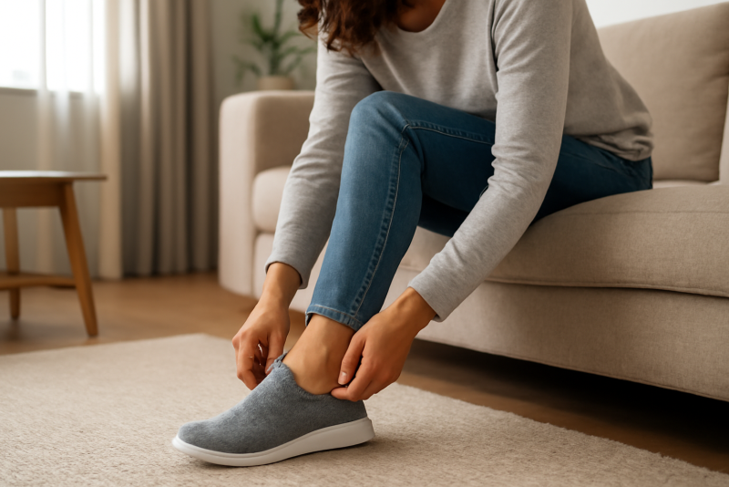 personne essayant chaussures confort dans salon
