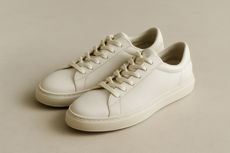 sneakers minimalistes posees sur sol neutre