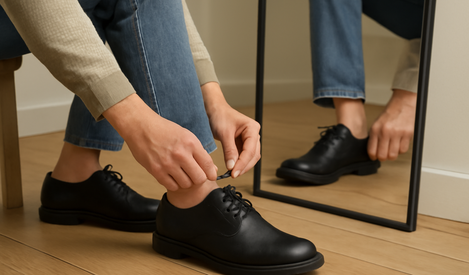 personne essayant derbies devant miroir