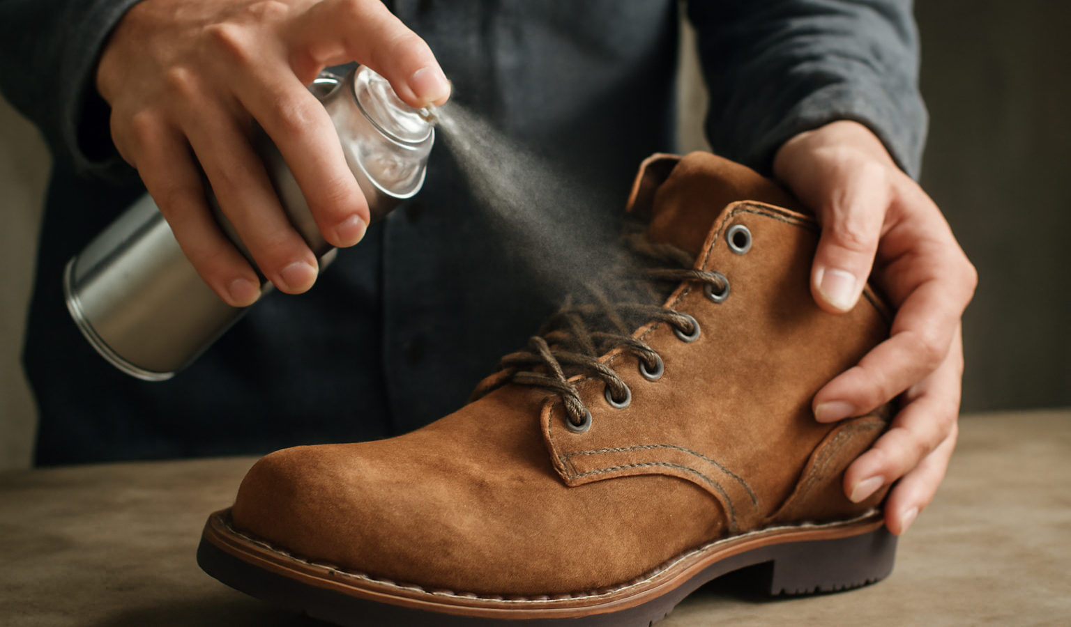 mains appliquant spray imperméabilisant sur chaussures