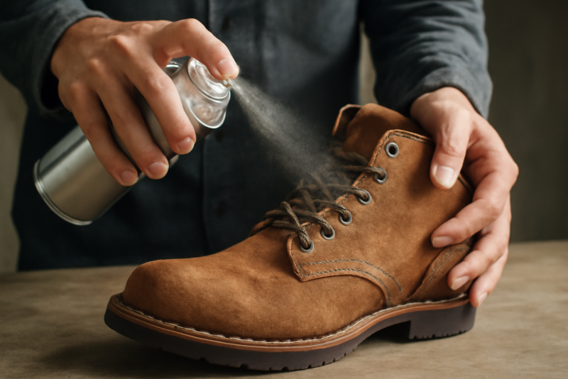 mains appliquant spray imperméabilisant sur chaussures
