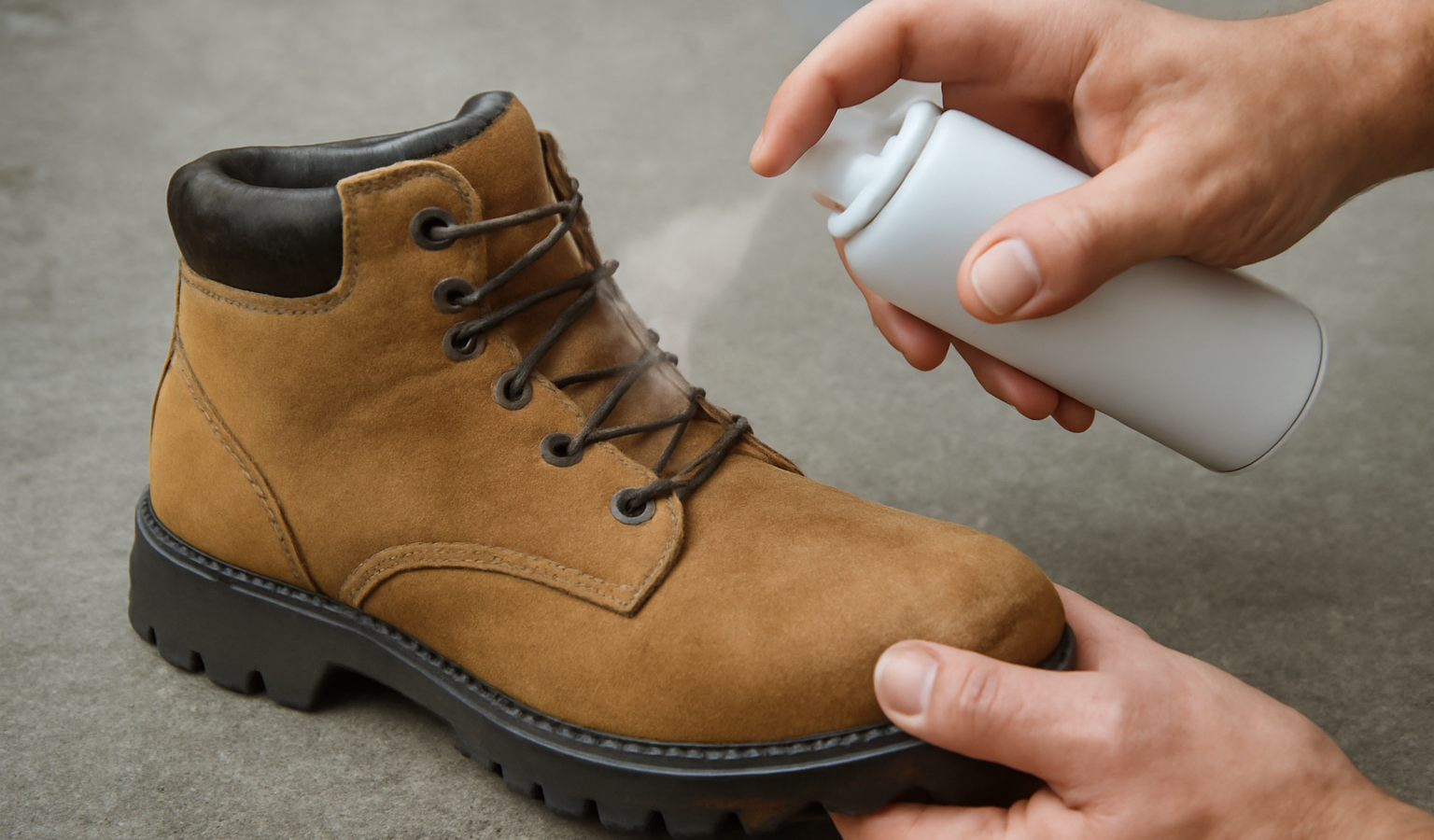 mains appliquant spray impermeabilisant sur chaussure