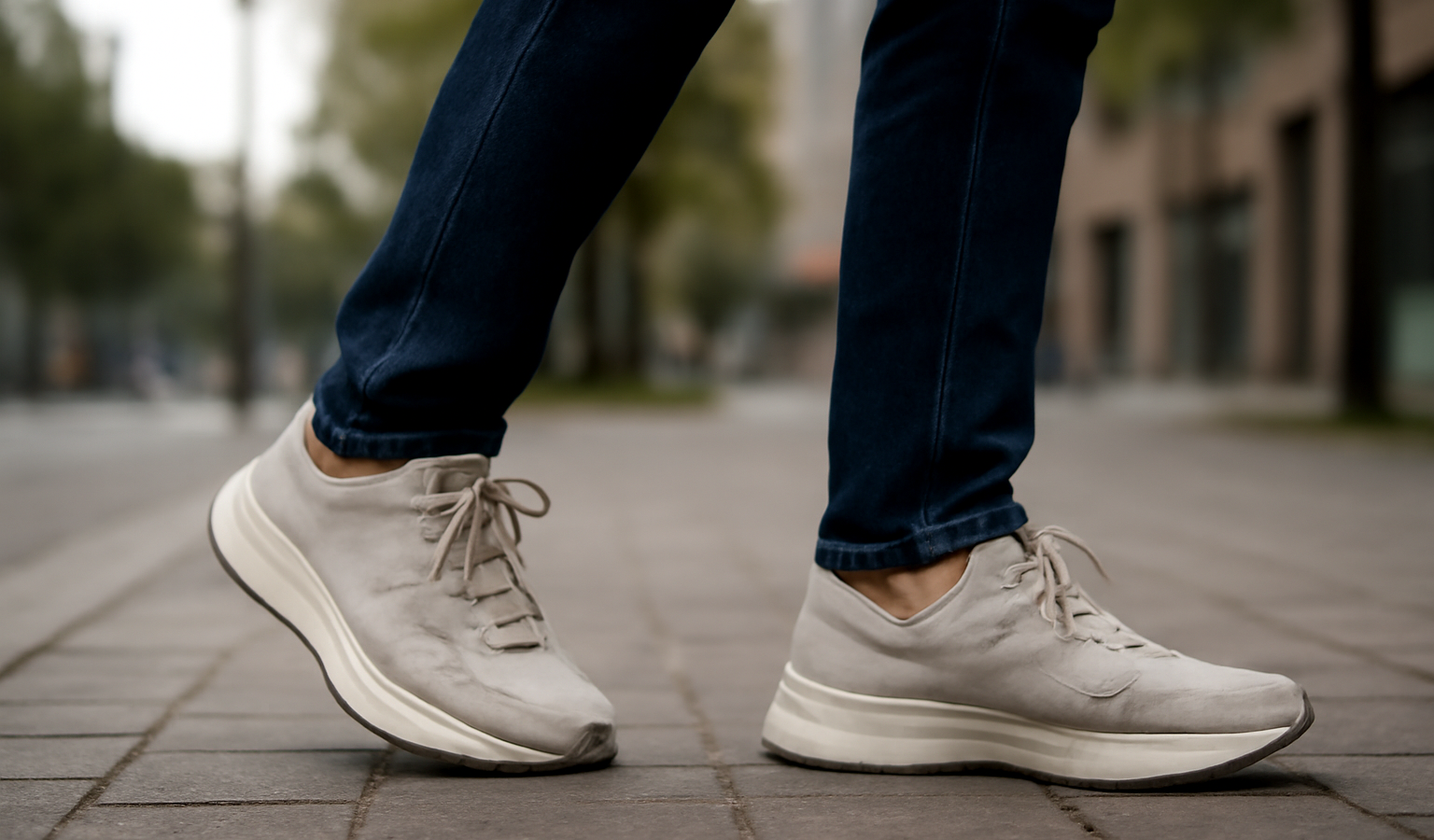 personne marchant en baskets sur sentier urbain
