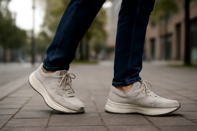 personne marchant en baskets sur sentier urbain