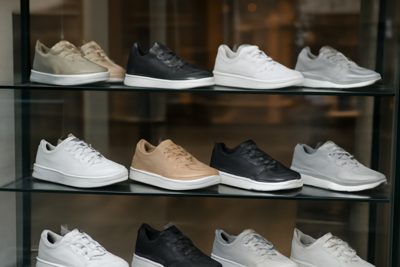 vitrine exposant plusieurs paires de baskets