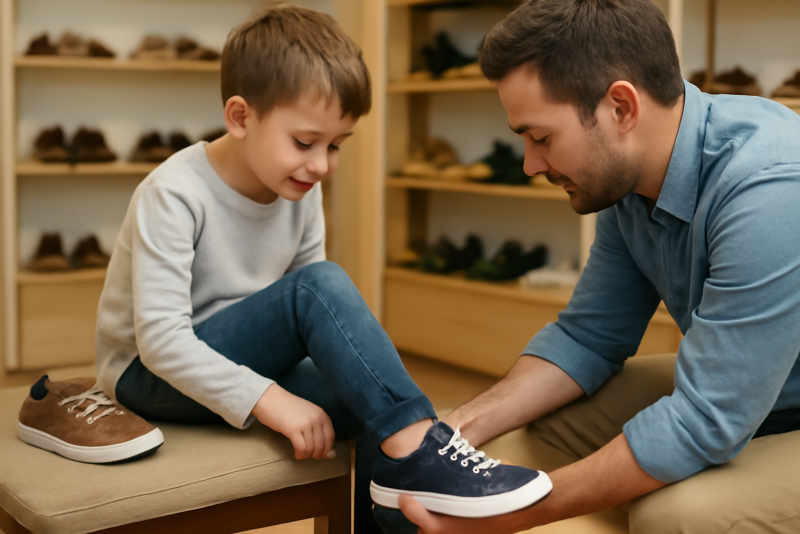 enfant essayant chaussures avec adulte assistance