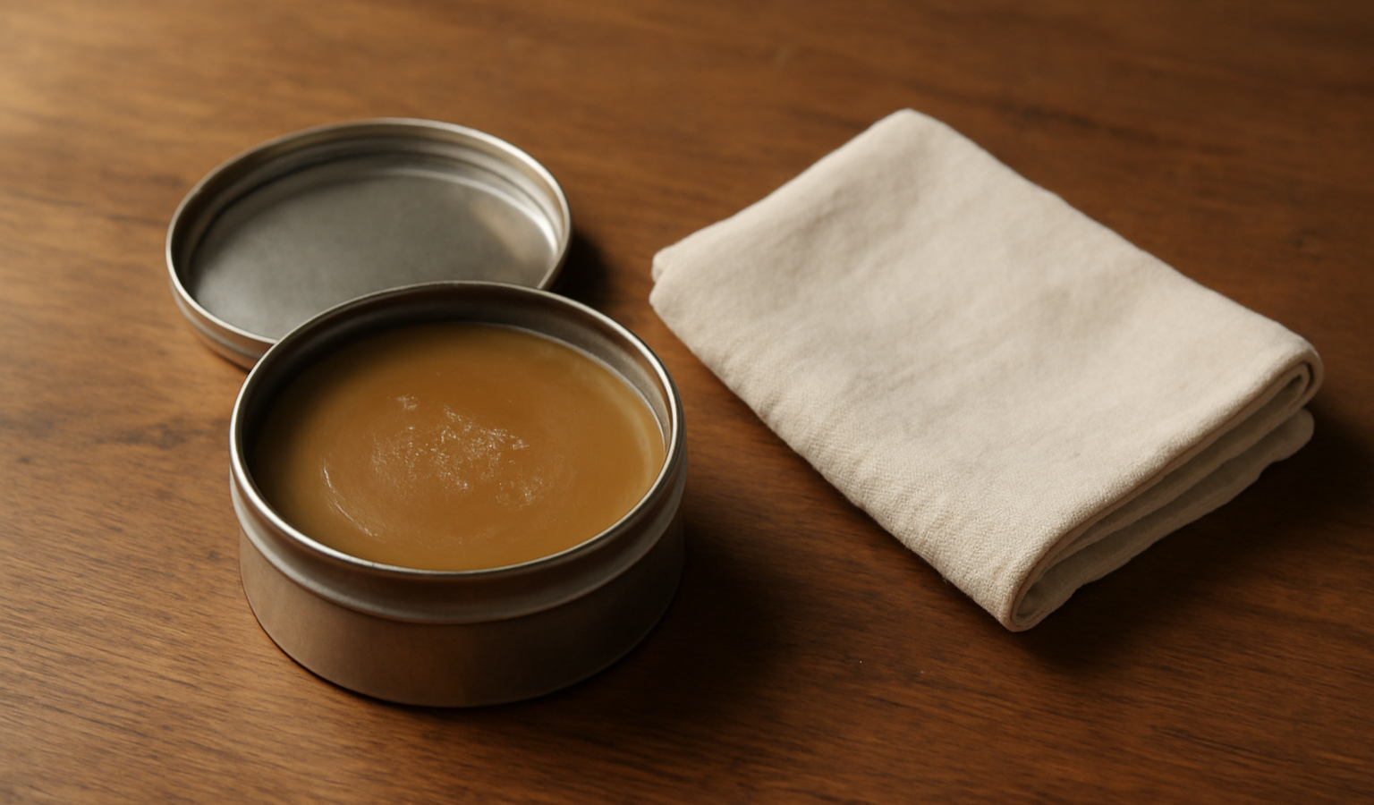 pot de cire et chiffon sur table