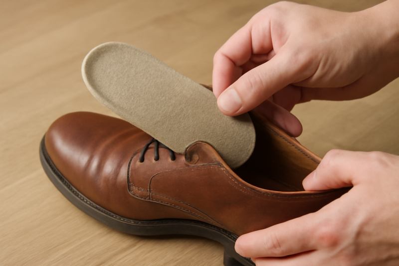main insérant coussinet dans une chaussure