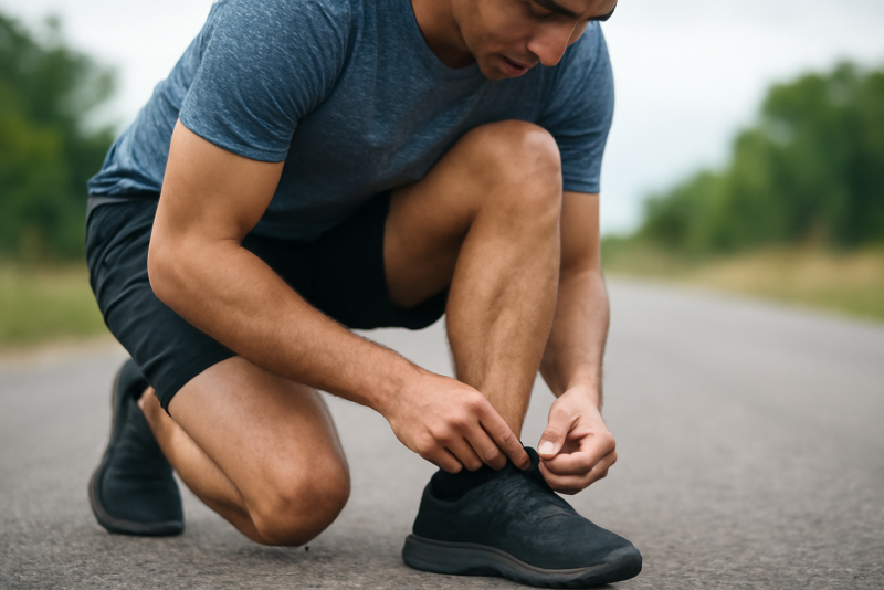 coureur ajustant sa chaussure avant la course