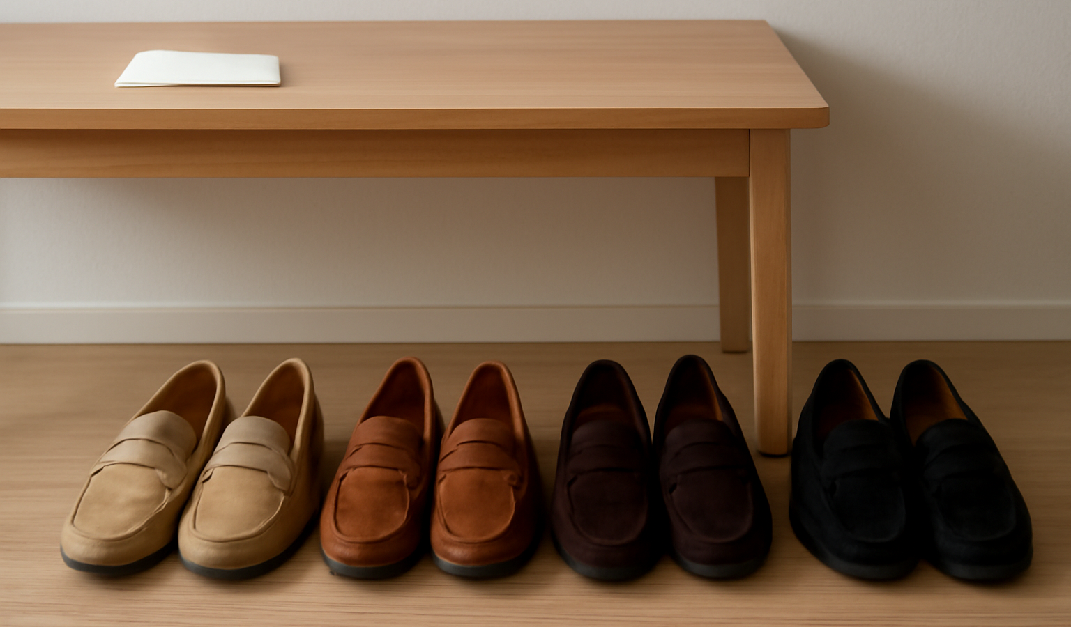mocassins alignés près d'un bureau minimaliste