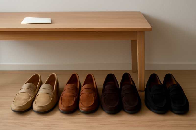 mocassins alignés près d'un bureau minimaliste