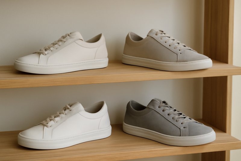 paires de sneakers minimalistes posees sur etagere