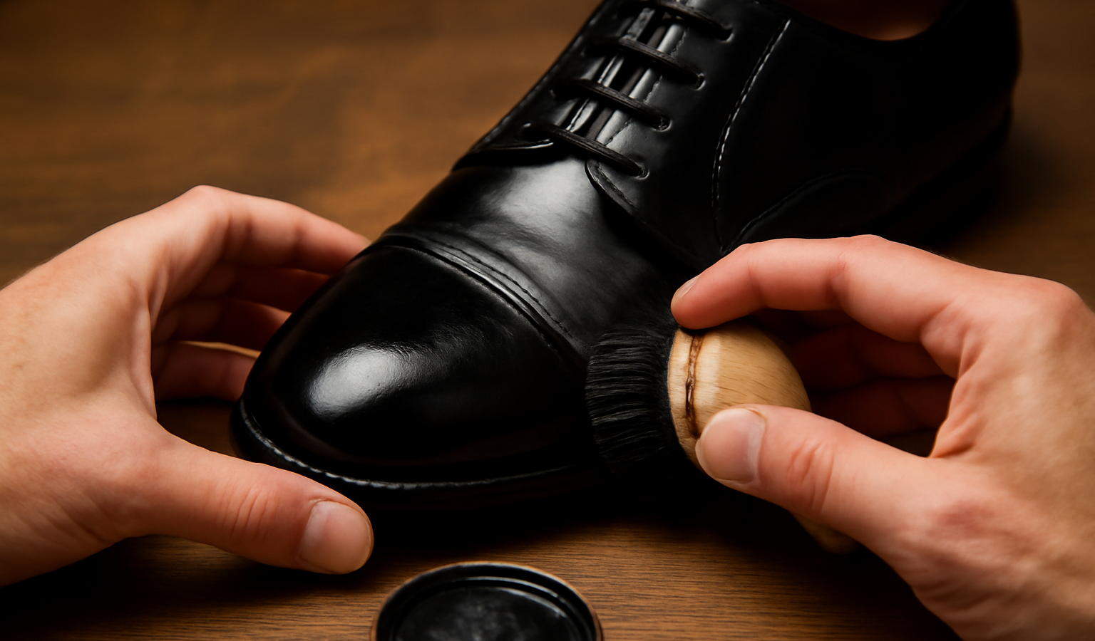 mains badigeonnant cirage sur chaussure brillante