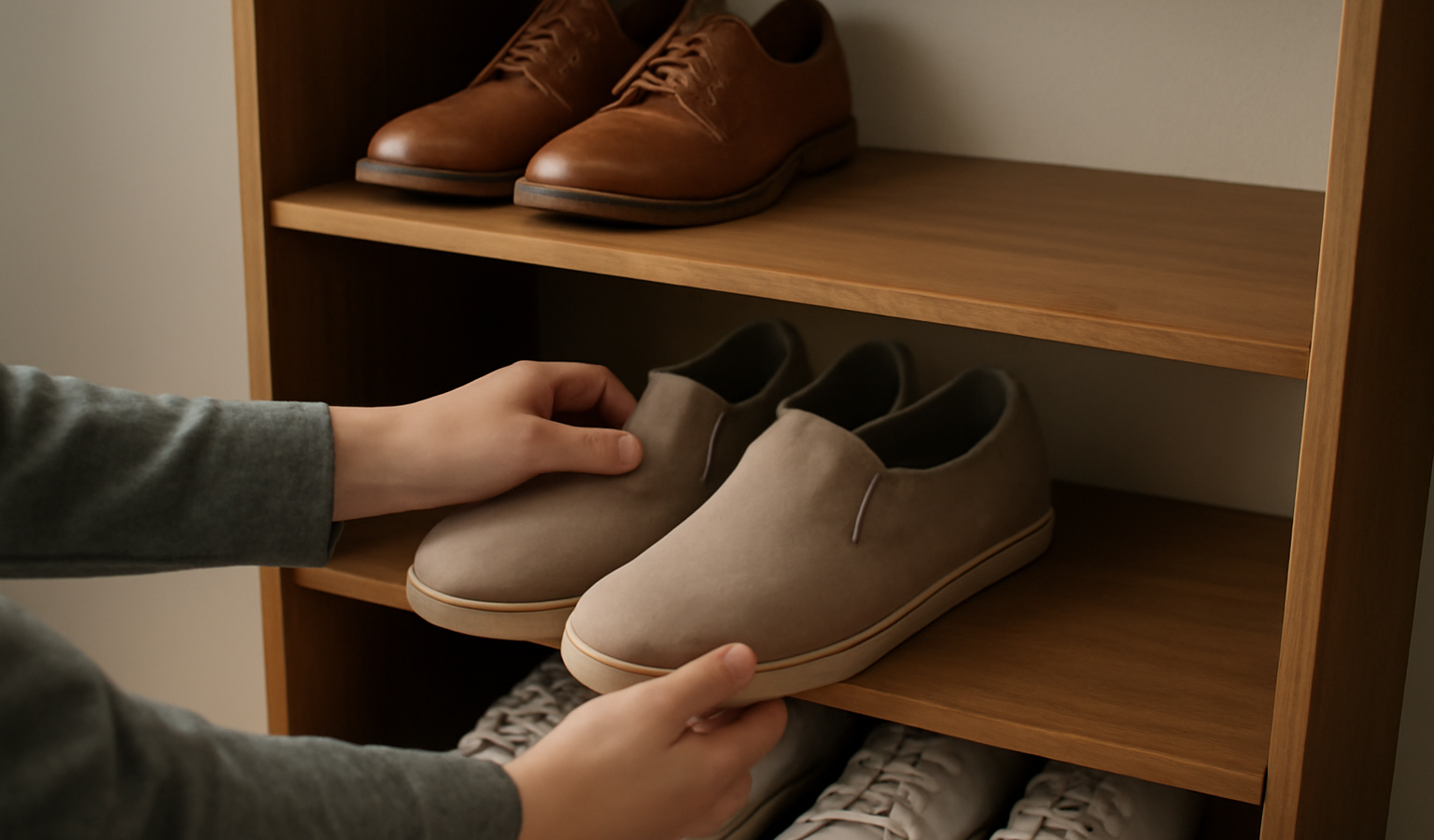 main rangeant des chaussures sur un meuble