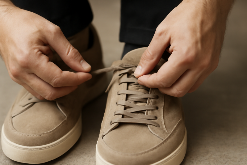 mains refaisant laçage sur chaussure serrée