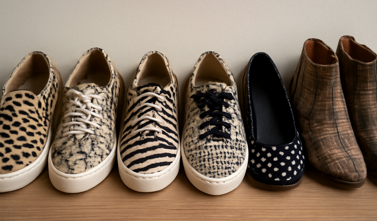rangée de chaussures aux motifs variés