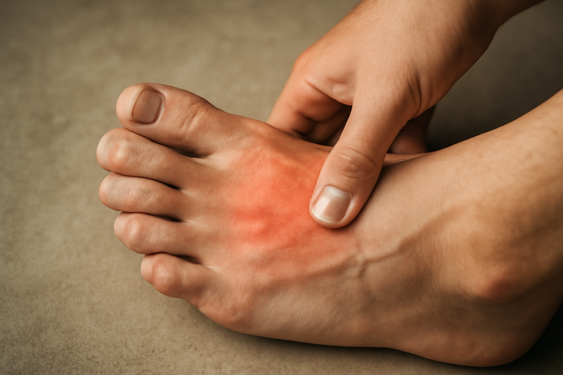 main montrant zone douloureuse sur le dessus du pied