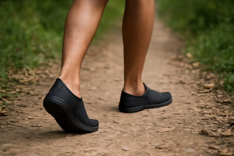 personne marchant chaussure minimaliste sur chemin